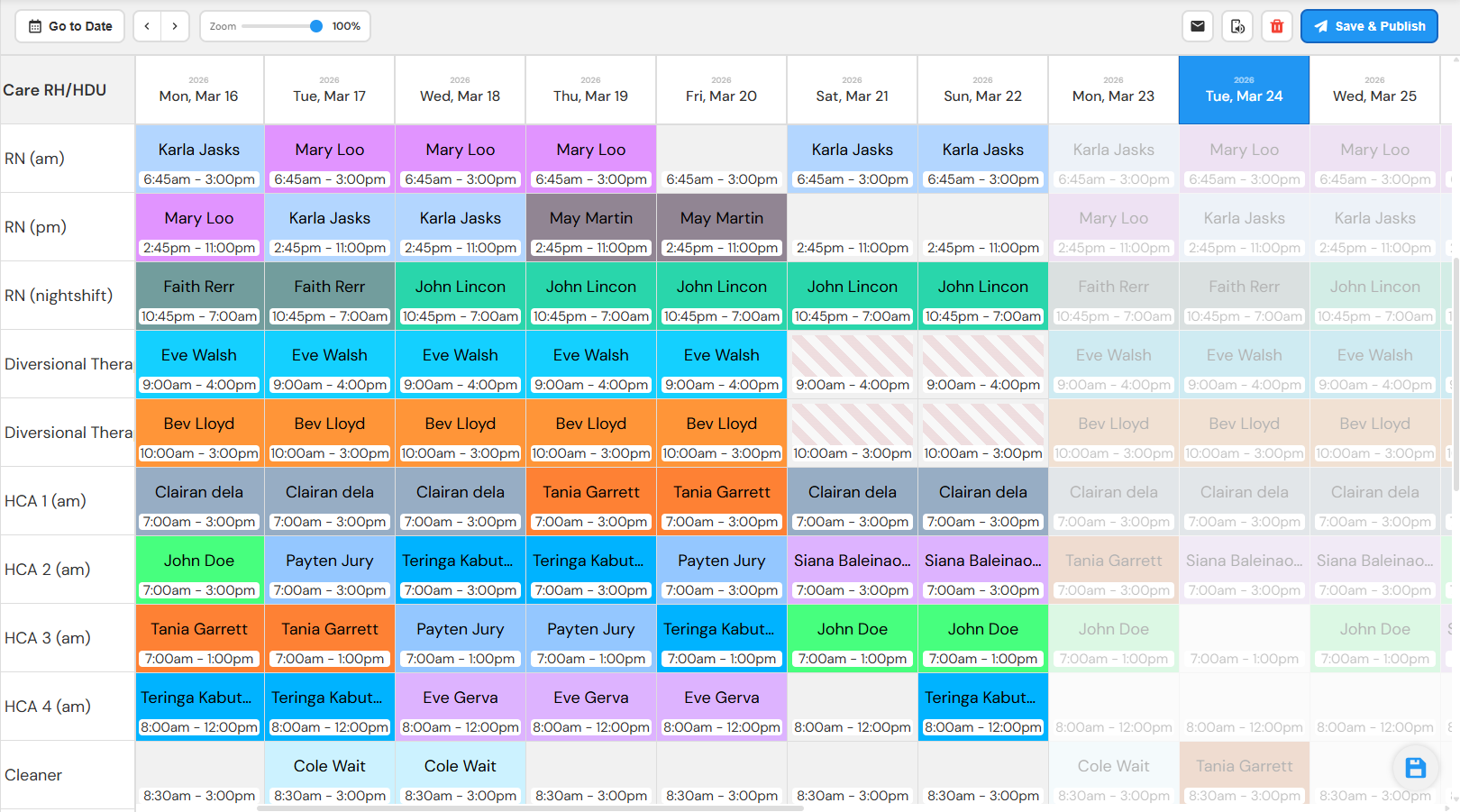 RosterMate automated staff rostering software interface showing drag-and-drop shift scheduling