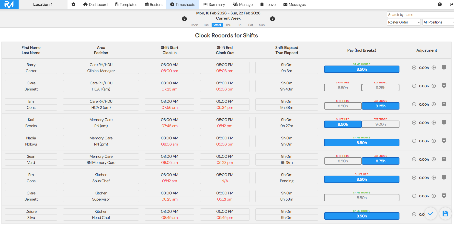 RosterMate employee management dashboard showing staff profiles, training compliance, and automated forms